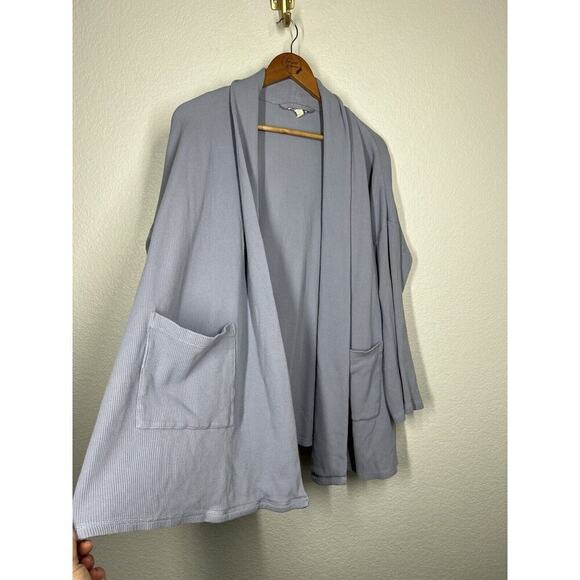 Eileen Fisher Waffle Knit Shawl Cardigan Sweater L/ XL Light Blue Organic Cotton - Picture 2 of 5